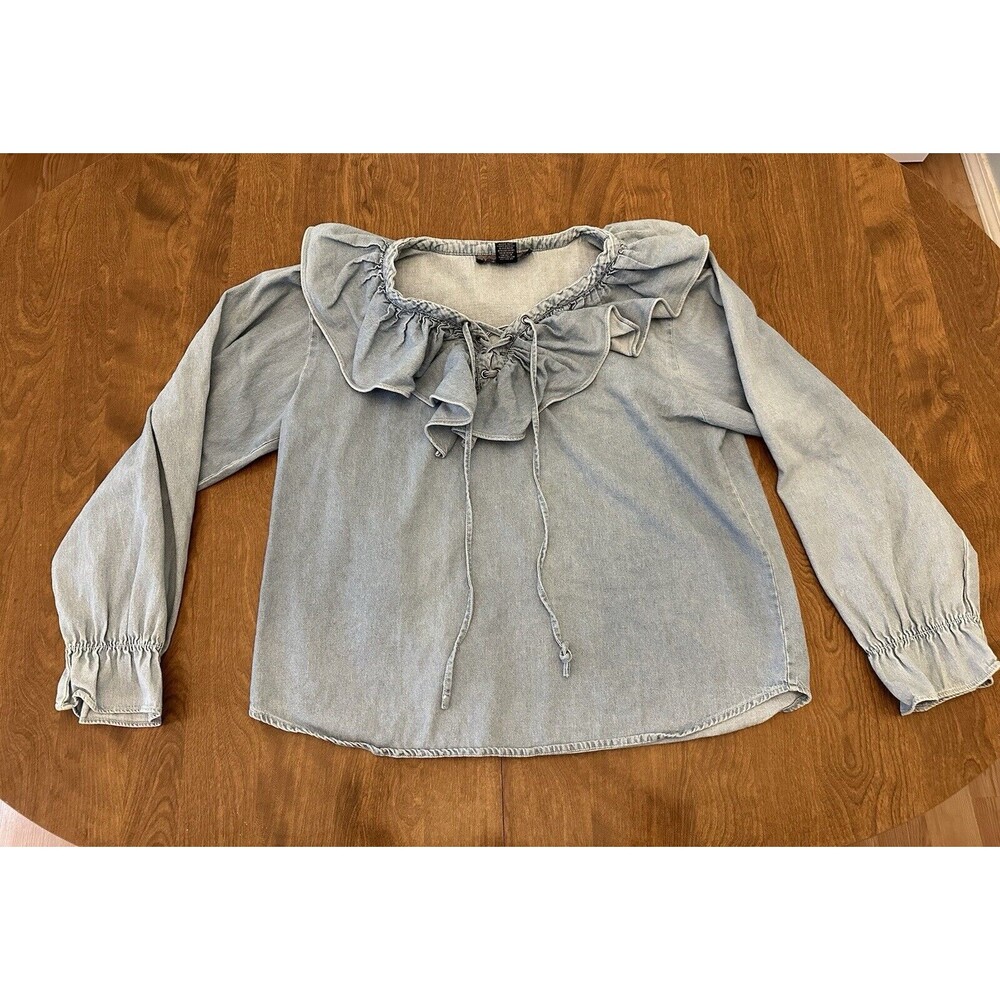 NY Line Ruffle Shirt Womens Medium Acid Wash Denim Long Sleeve 1990’s Vintage